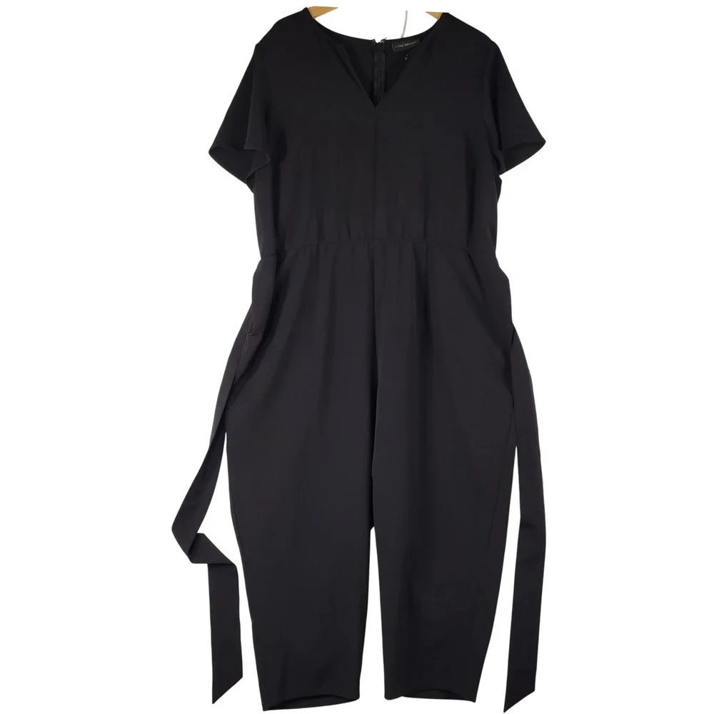 Lane Bryant Jumpsuit Women 22 Black Flutter Sleeve V-Neck Belted Cropped Chic